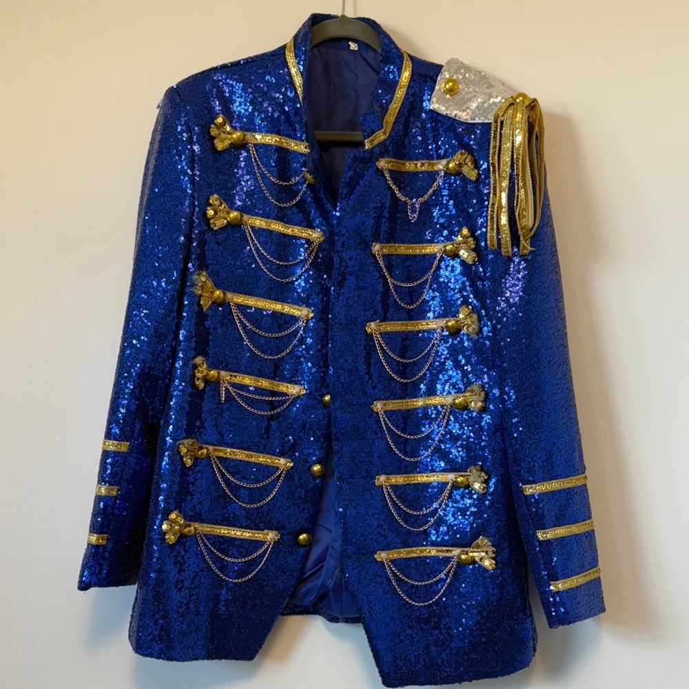Blue Sequin Military Jacket with Gold Accents